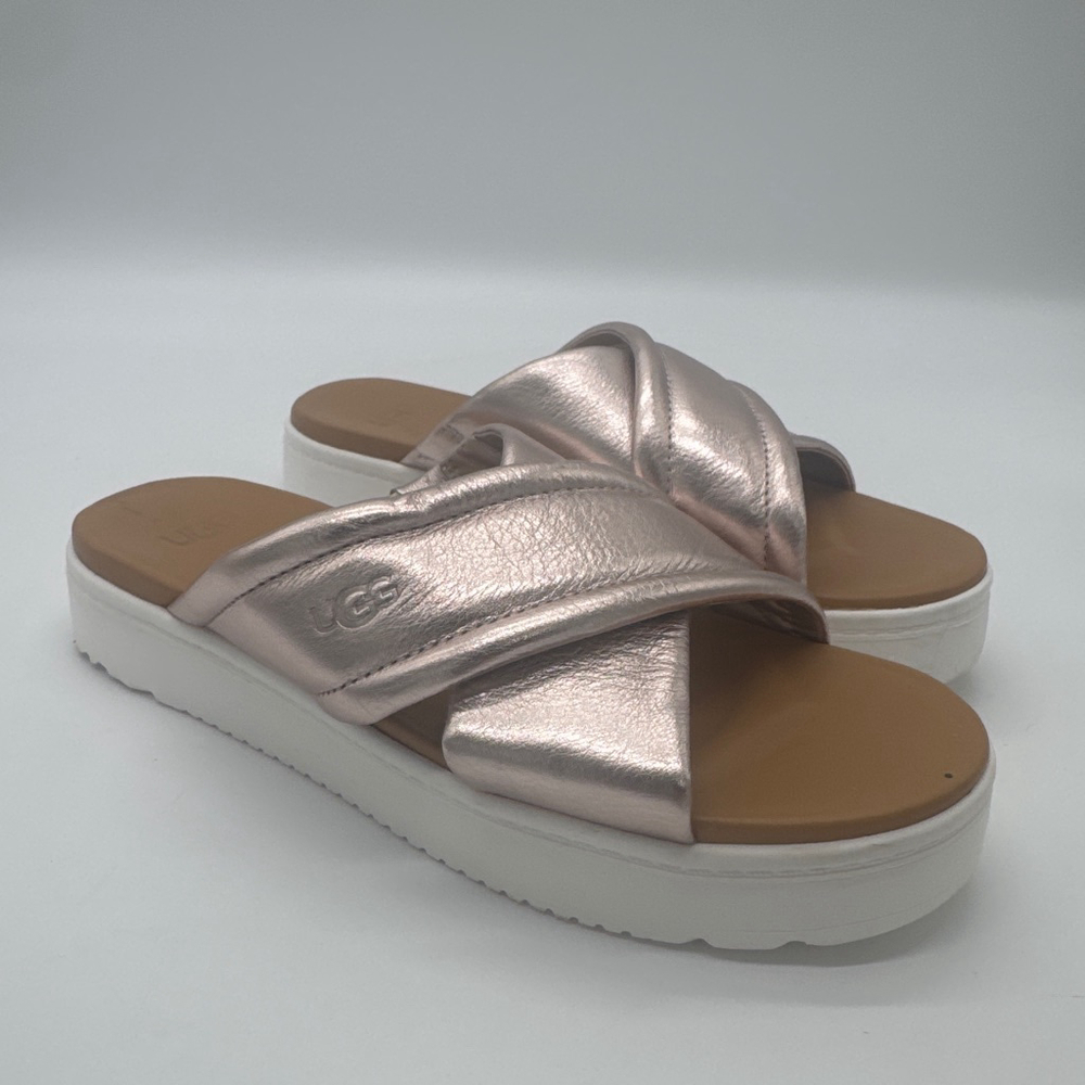 Women's UGG Zayne Rose Gold Metallic Platform Cross Strap Sandals US 8